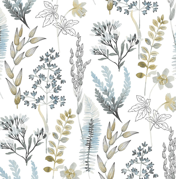Malibu Ps Wild Garden Contemporary Botanical - Glacier Blue & Matte Brass | Peel and Stick Removable Wallcovering