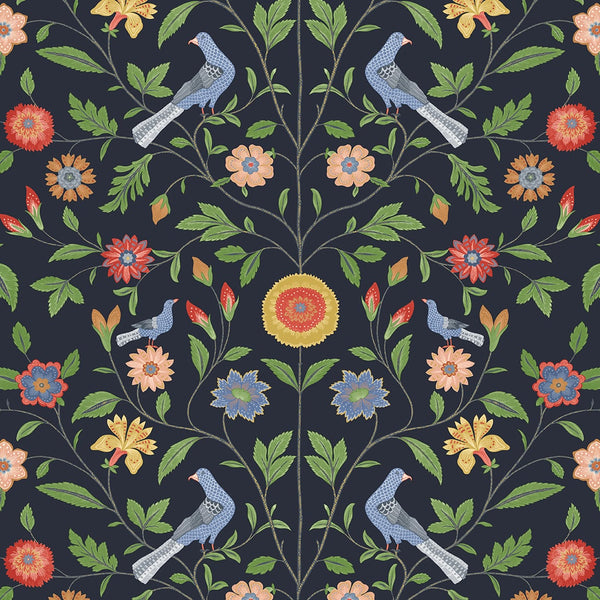 Malibu Ps Bird Toile Transitional Floral - Midnight Blue | Peel and Stick Removable Wallcovering