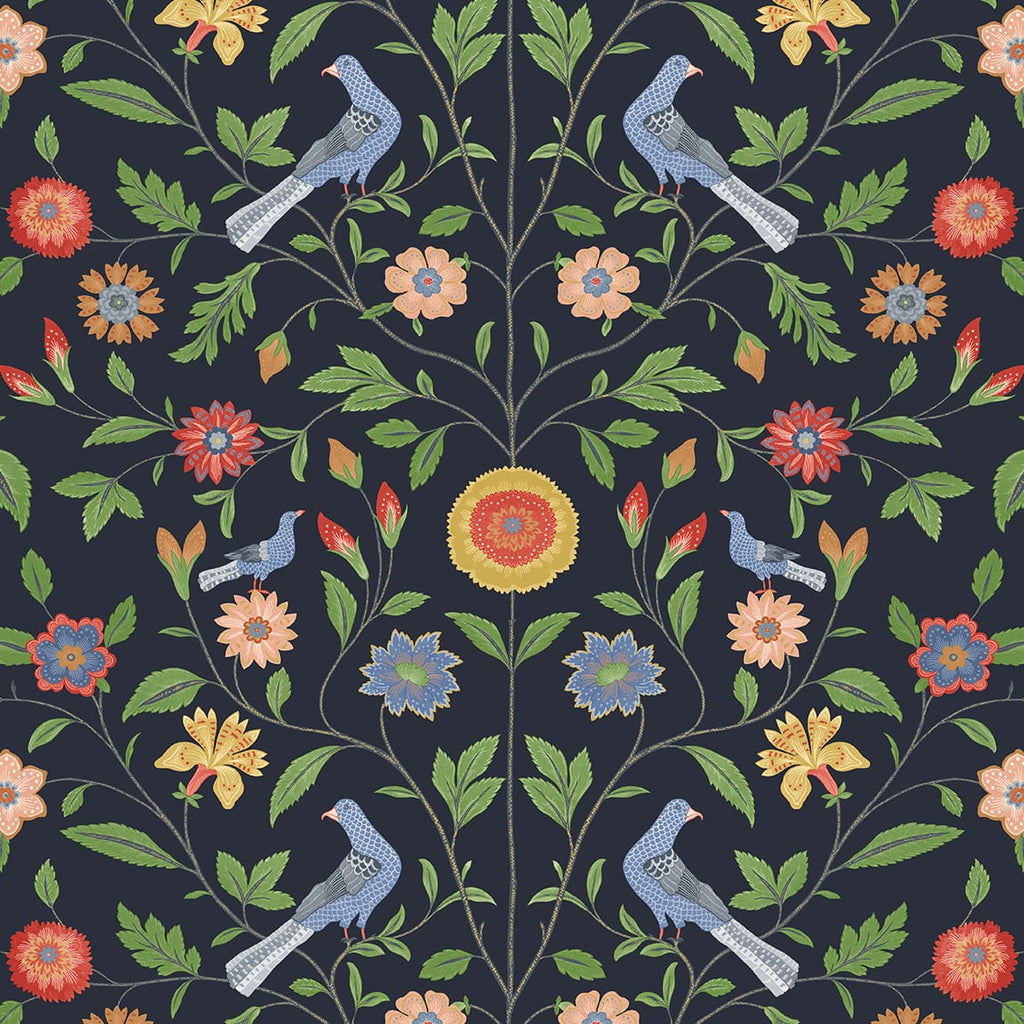 Malibu PS Bird Toile Transitional Floral - Midnight Blue | Peel and Stick Removable Wallpaper