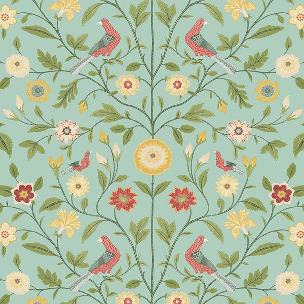 Malibu Ps Bird Toile Transitional Floral - Aquamarine | Peel and Stick Removable Wallcovering