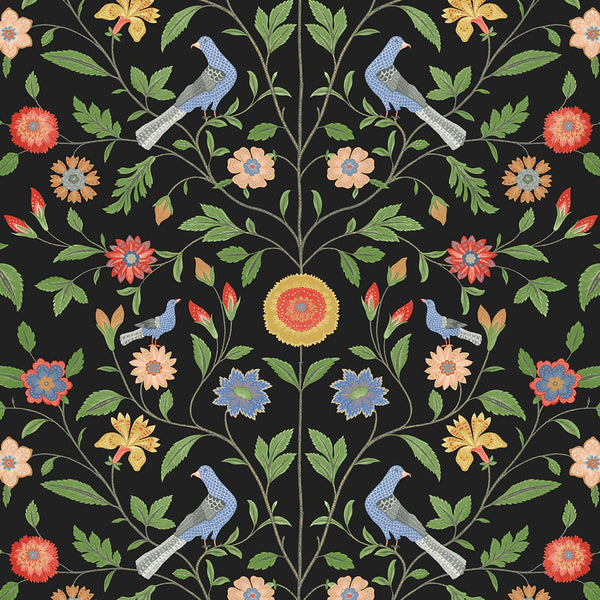 Malibu Ps Bird Toile Transitional Floral - Onyx | Peel and Stick Removable Wallcovering
