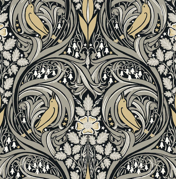 Malibu Ps Bird Ogee Vintage Ogee - Ebony & Sepia | Peel and Stick Removable Wallcovering