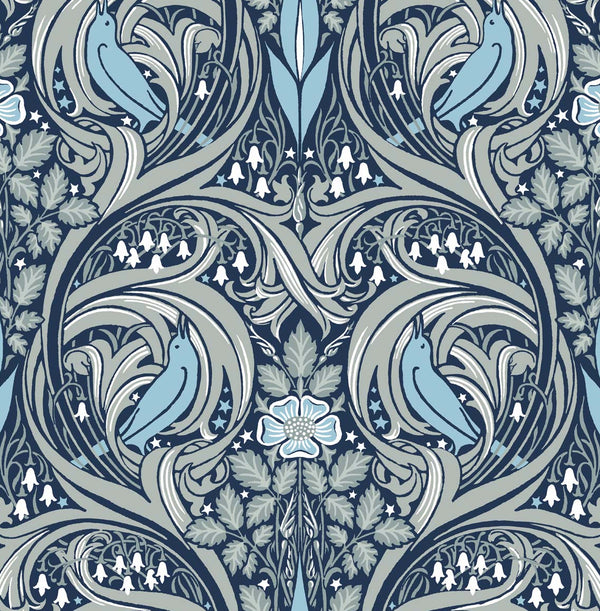 Malibu Ps Bird Ogee Vintage Ogee - Navy & Sky Blue | Peel and Stick Removable Wallcovering