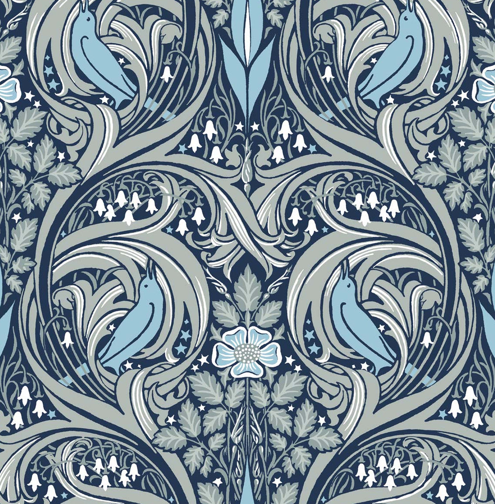 Malibu PS Bird Ogee Vintage Ogee - Navy & Sky Blue | Peel and Stick Removable Wallpaper