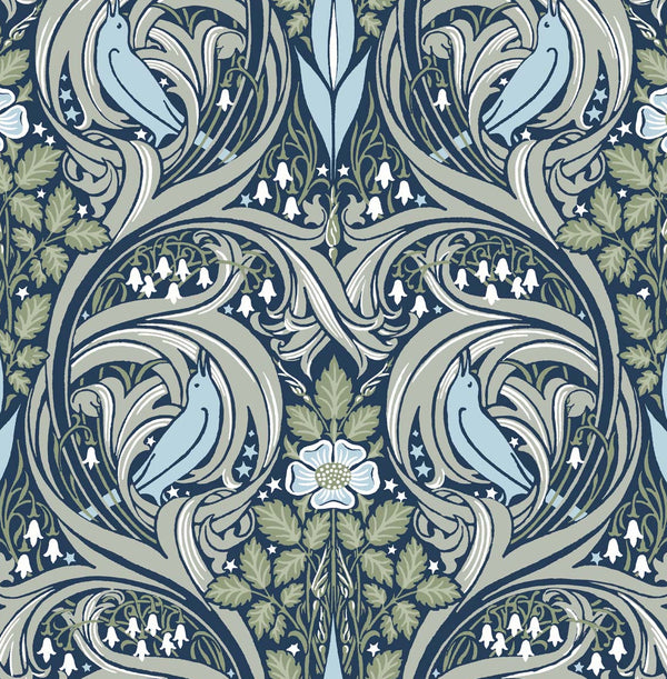 Malibu Ps Bird Ogee Vintage Ogee - Navy & Fern Green | Peel and Stick Removable Wallcovering