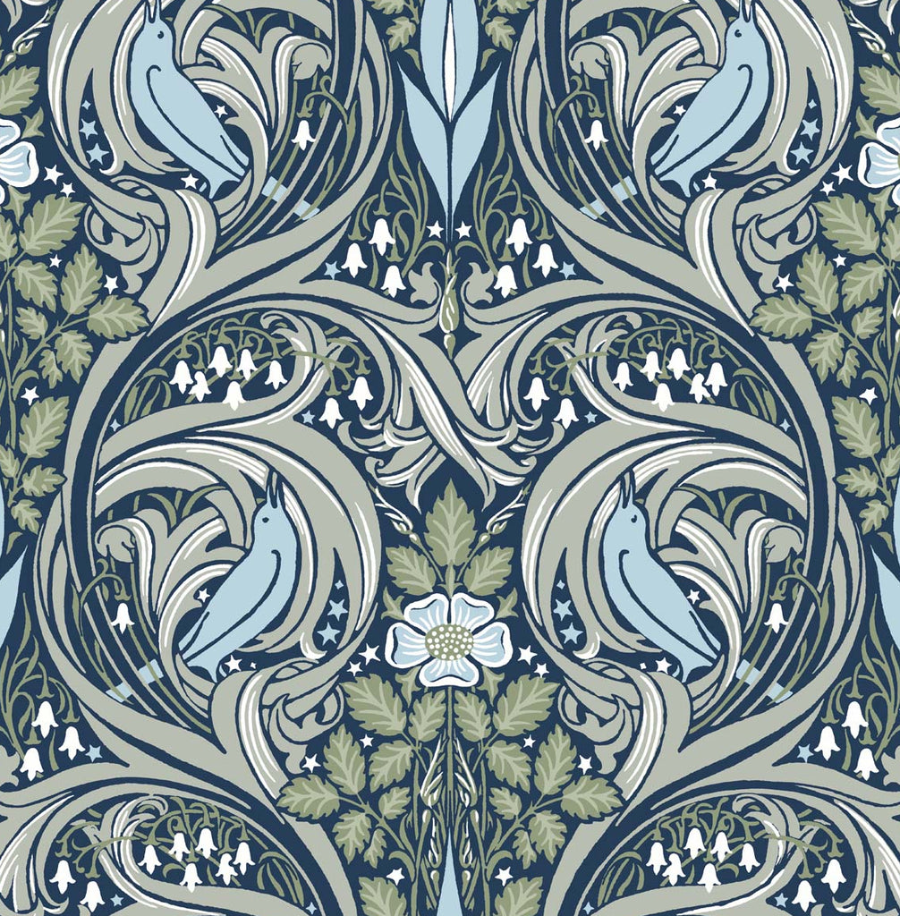 Malibu PS Bird Ogee Vintage Ogee - Navy & Fern Green | Peel and Stick Removable Wallpaper