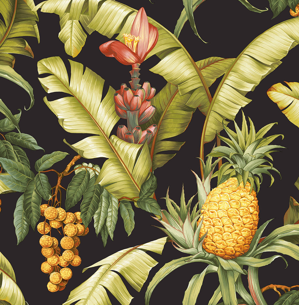 Malibu PS Pineapple Floral Tropical Botanical - Ebony | Peel and Stick Removable Wallpaper