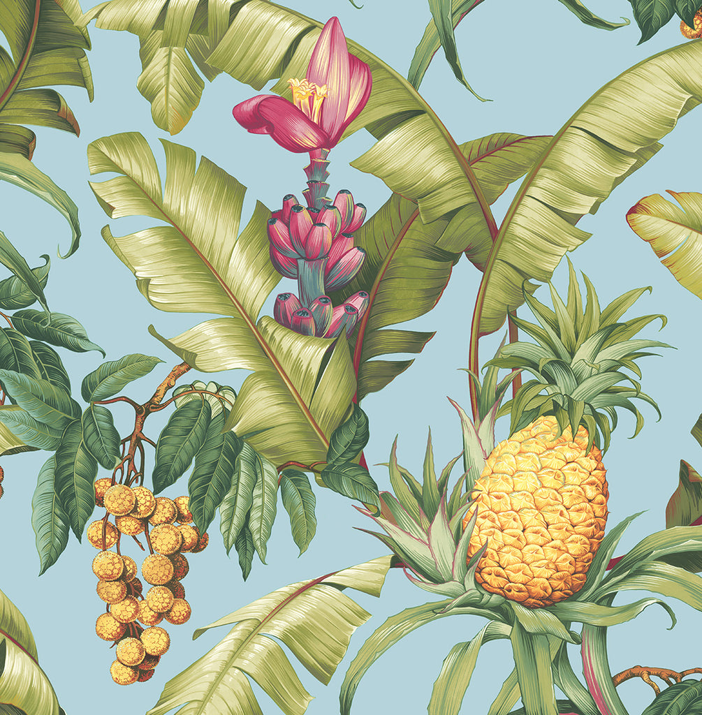 Malibu PS Pineapple Floral Tropical Botanical - Sky Blue | Peel and Stick Removable Wallpaper