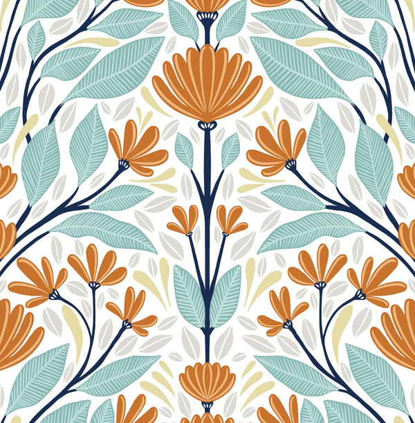 Malibu Ps Folk Floral Scandinavian Floral - Verdigris & Orange | Peel and Stick Removable Wallcovering