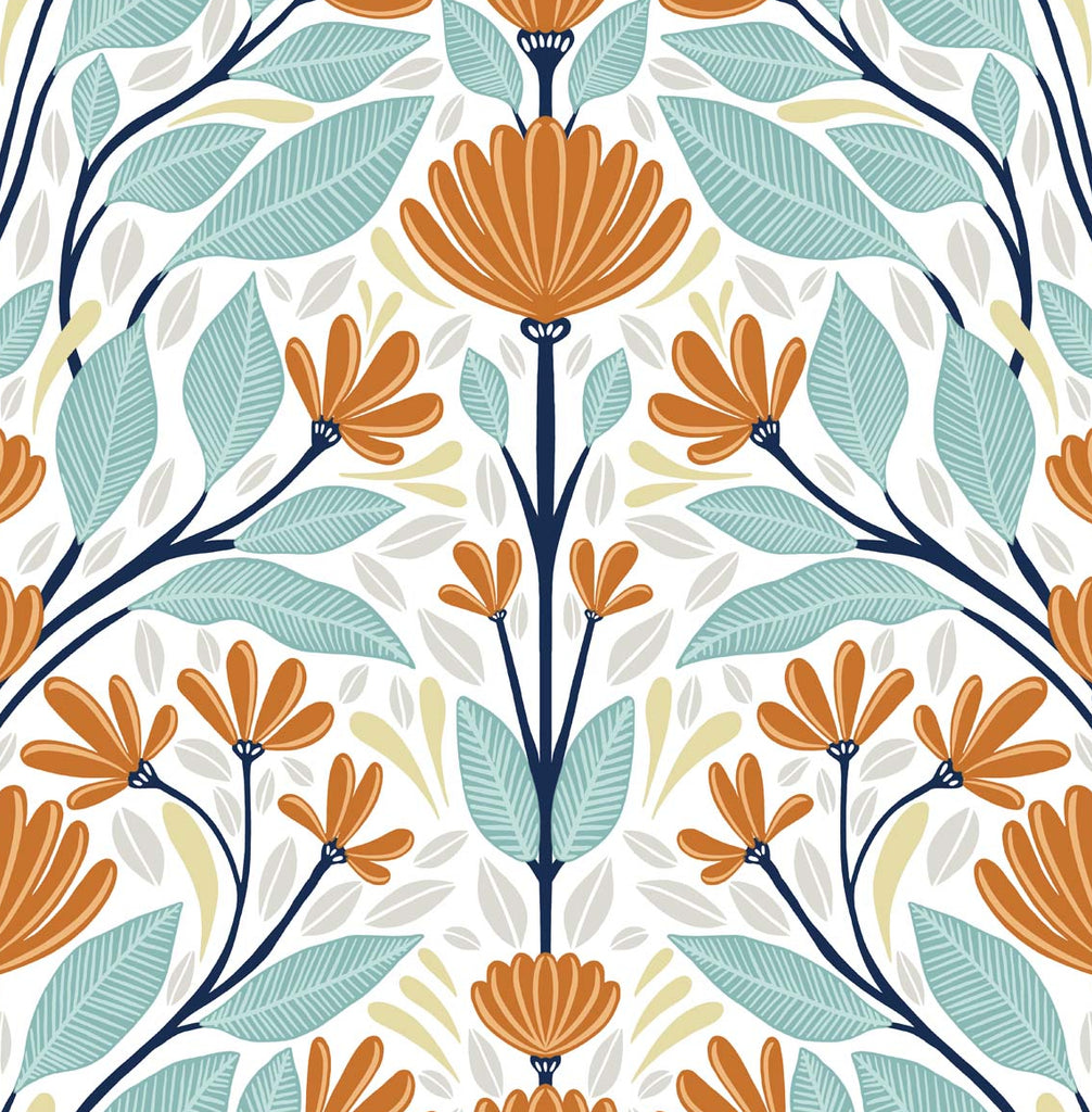 Malibu PS Folk Floral Scandinavian Floral - Verdigris & Orange | Peel and Stick Removable Wallpaper