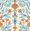Malibu PS Folk Floral Scandinavian Floral - Verdigris & Orange | Peel and Stick Removable Wallpaper