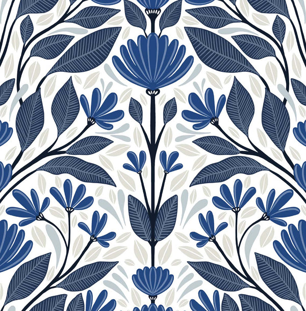 Malibu Ps Folk Floral Scandinavian Floral - Blue Sapphire & Pavestone | Peel and Stick Removable Wallcovering