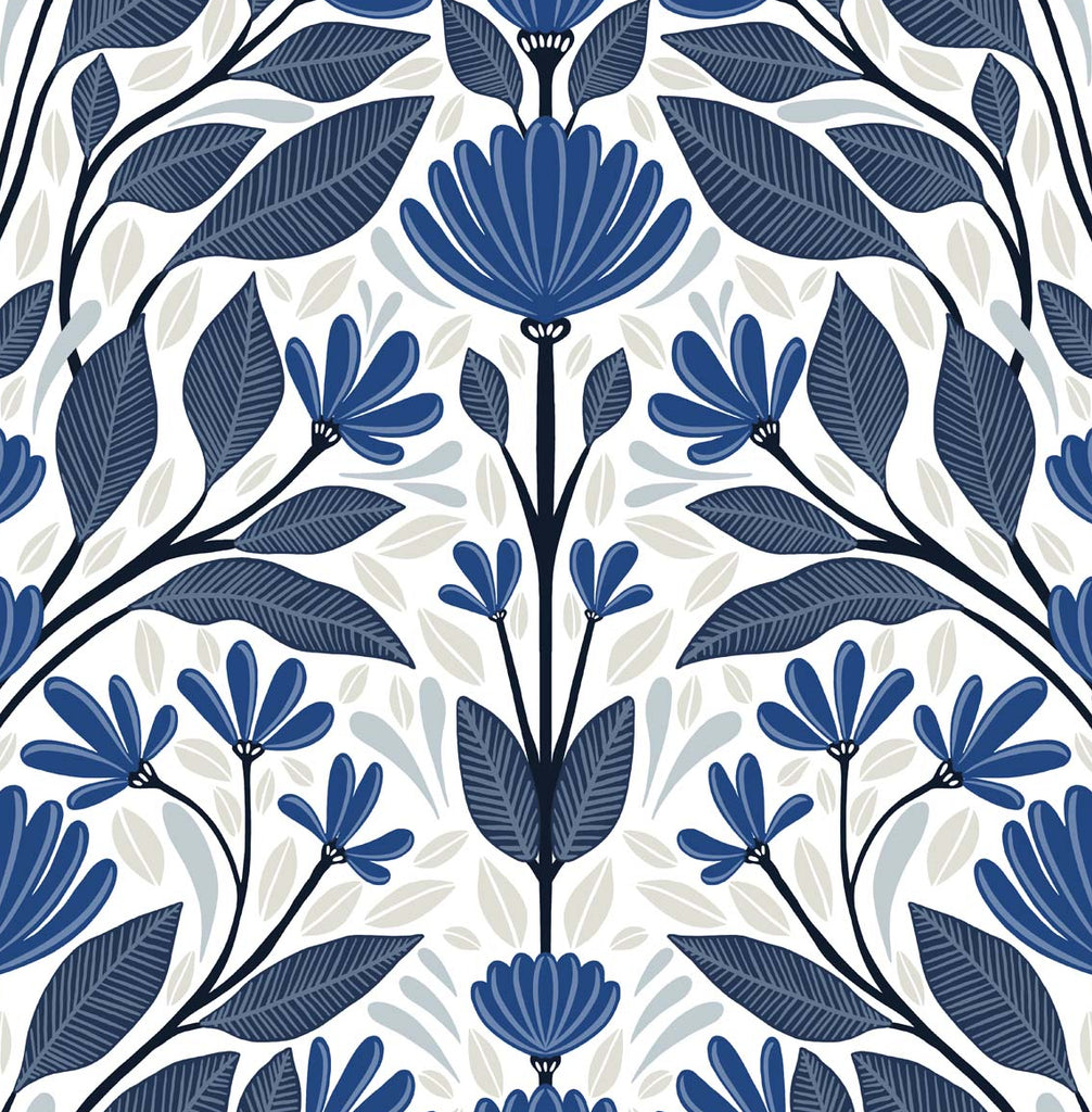 Malibu PS Folk Floral Scandinavian Floral - Blue Sapphire & Pavestone | Peel and Stick Removable Wallpaper