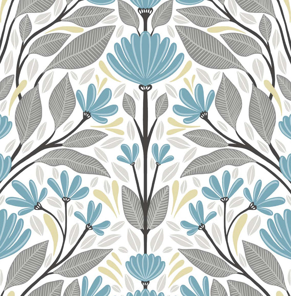 Malibu Ps Folk Floral Scandinavian Floral - Blue Patina & Wheat | Peel and Stick Removable Wallcovering