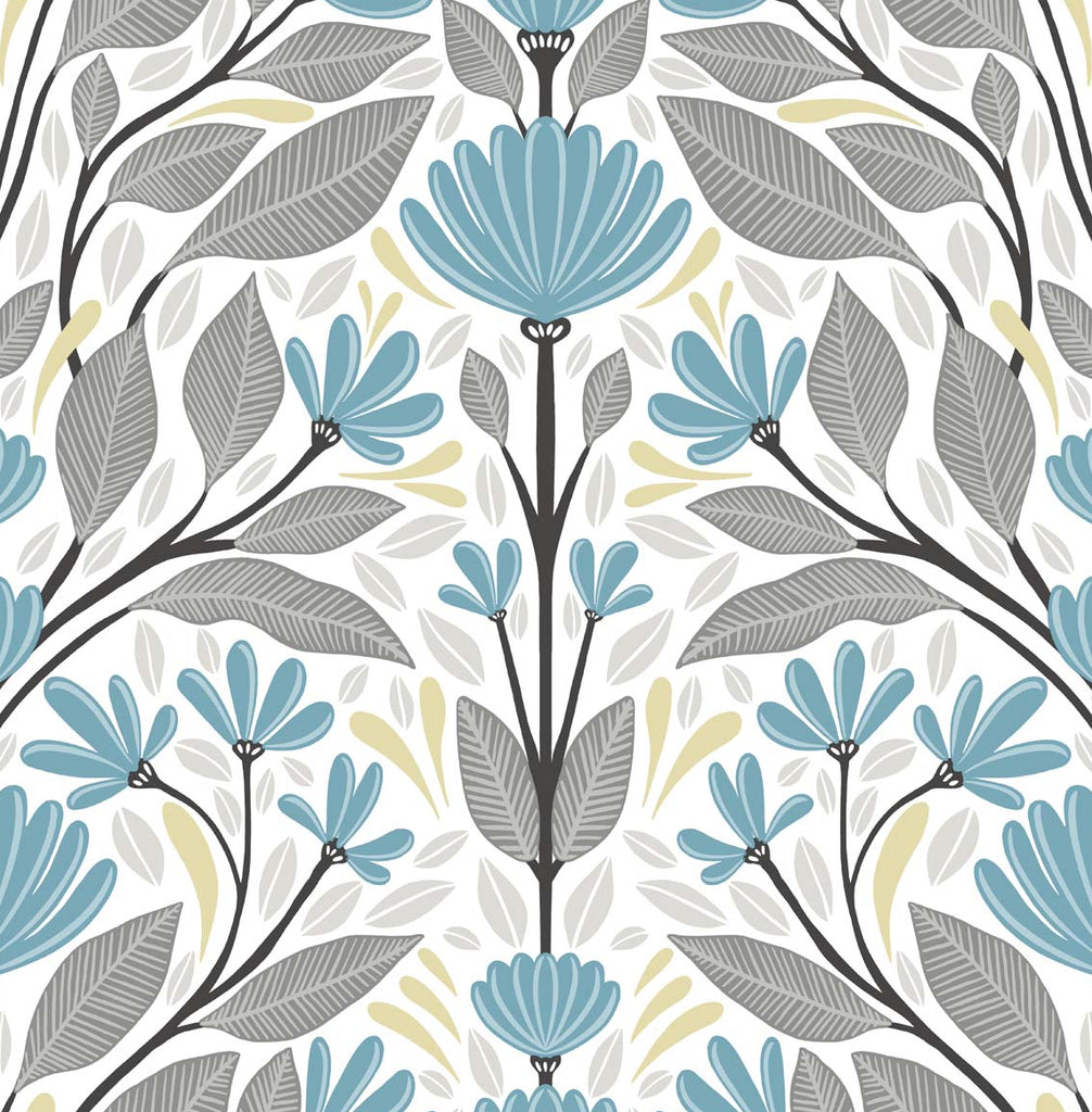 Malibu PS Folk Floral Scandinavian Floral - Blue Patina & Wheat | Peel and Stick Removable Wallpaper