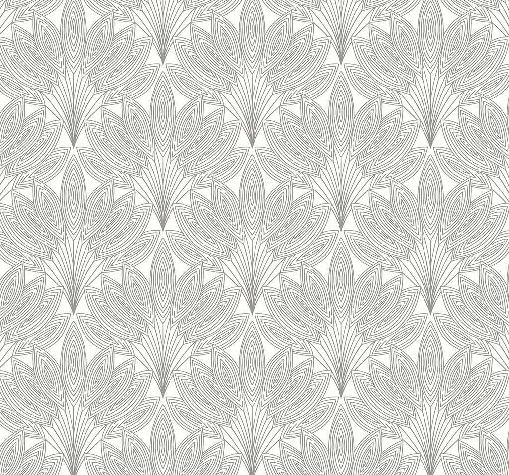 Malibu PS Peacock Leaves Contemporary Botanical - Metallic Silver | Peel and Stick Removable Wallpaper