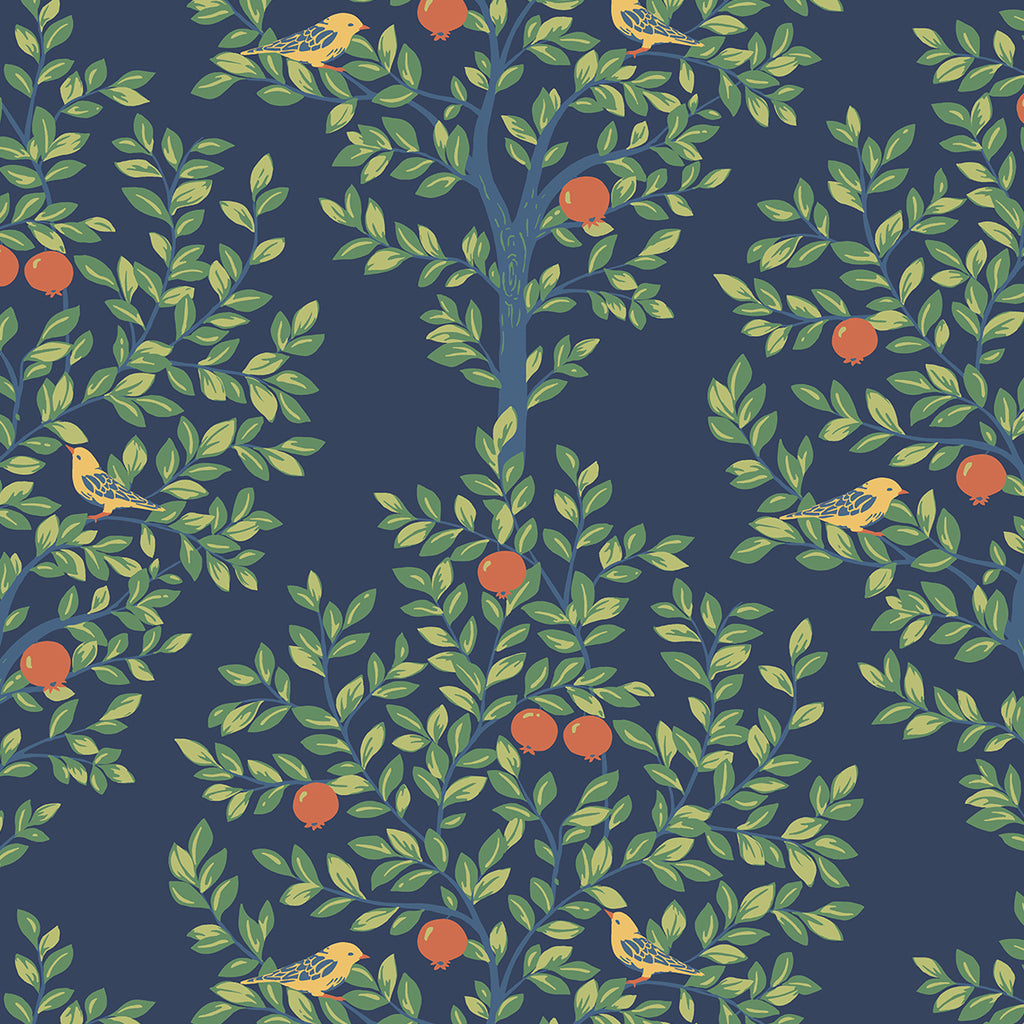 Malibu PS Fruit Tree Vintage Botanical - Navy Blue & Greenery | Peel and Stick Removable Wallpaper