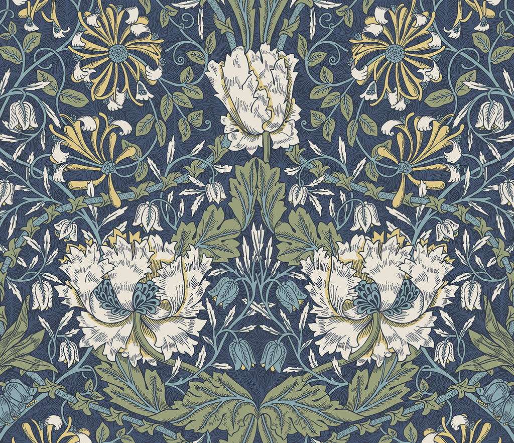 Malibu PS Ogee Flora Vintage Botanical - Indigo Dye & Sage | Peel and Stick Removable Wallpaper