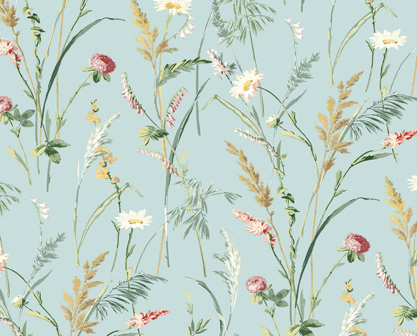 Malibu Ps Meadow Flowers Transitional Floral - Seabreeze | Peel and Stick Removable Wallcovering