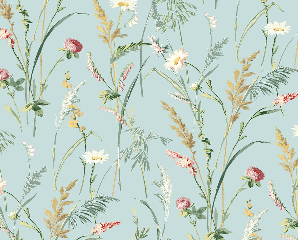 Malibu PS Meadow Flowers Transitional Floral - Seabreeze | Peel and Stick Removable Wallpaper