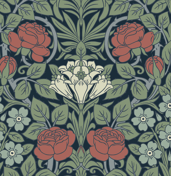 Malibu Ps Vintage Rose Vintage Floral - Midnight Blue & Sage | Peel and Stick Removable Wallcovering