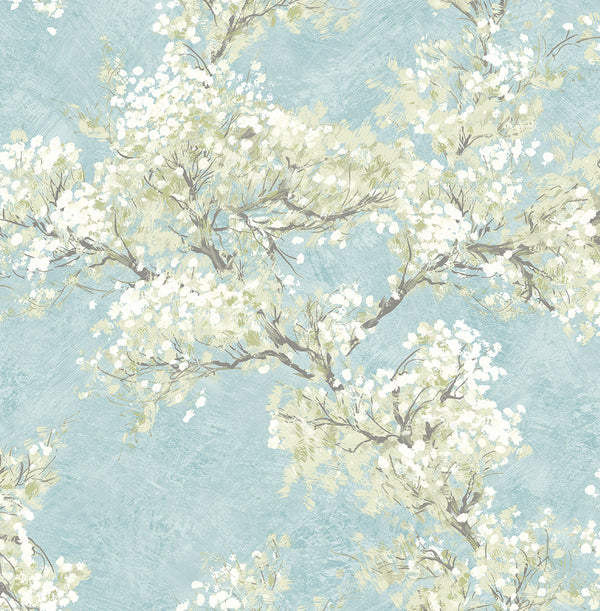 Malibu Ps Cherry Blossom Grove Impressionistic Floral - Blue Mist & Green Tea | Peel and Stick Removable Wallcovering