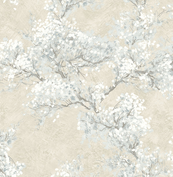 Malibu Ps Cherry Blossom Grove Impressionistic Floral - Parchment & Morning Fog | Peel and Stick Removable Wallcovering