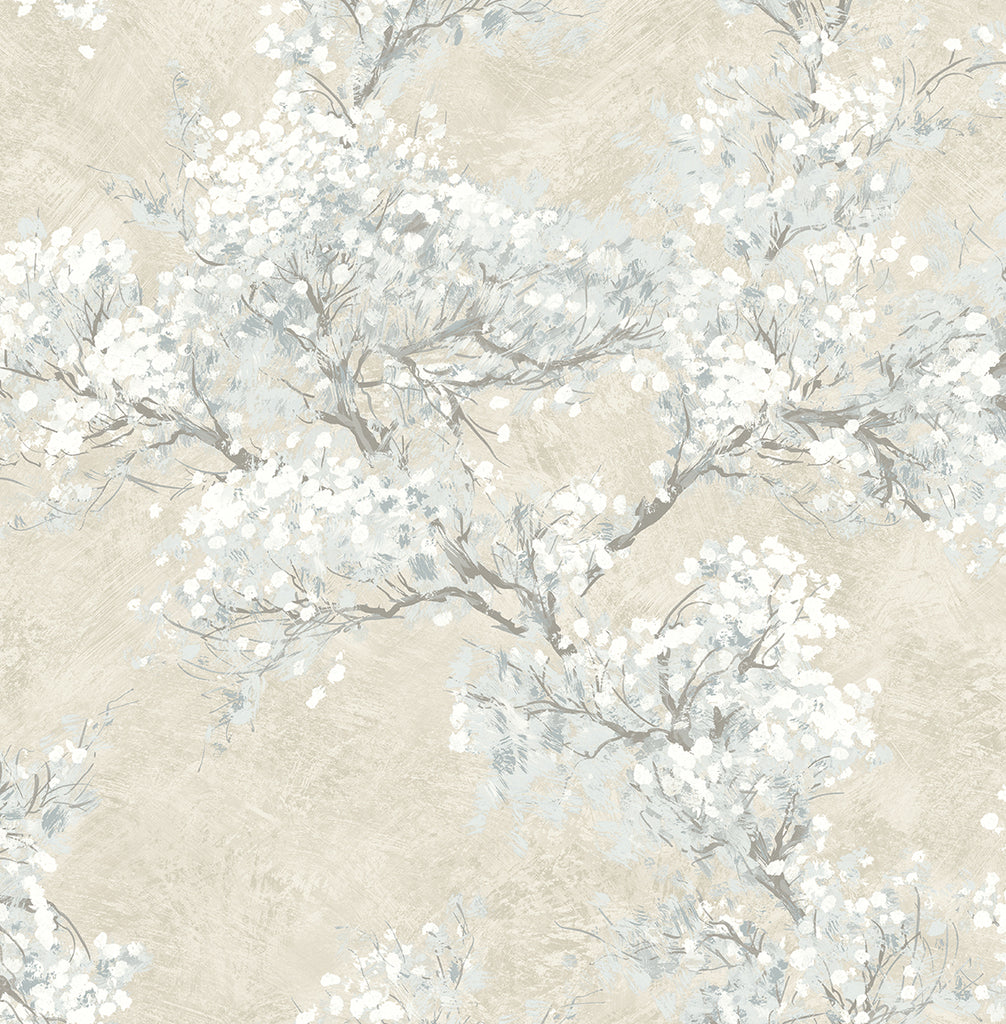 Malibu PS Cherry Blossom Grove Impressionistic Floral - Parchment & Morning Fog | Peel and Stick Removable Wallpaper
