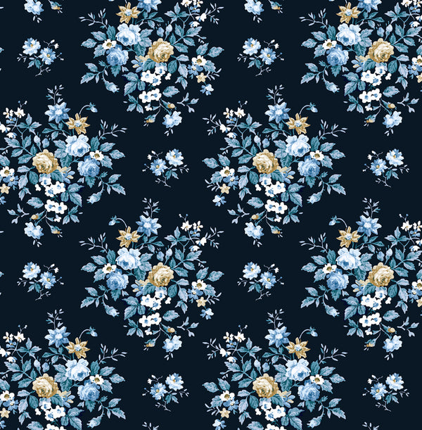 Malibu Ps Floral Bunches Traditional Floral - Midnight Blue & Toffee | Peel and Stick Removable Wallcovering