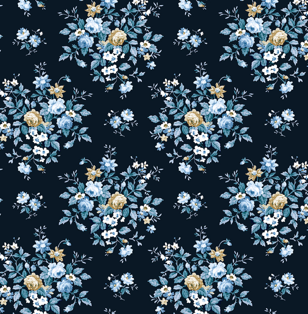 Malibu PS Floral Bunches Traditional Floral - Midnight Blue & Toffee | Peel and Stick Removable Wallpaper