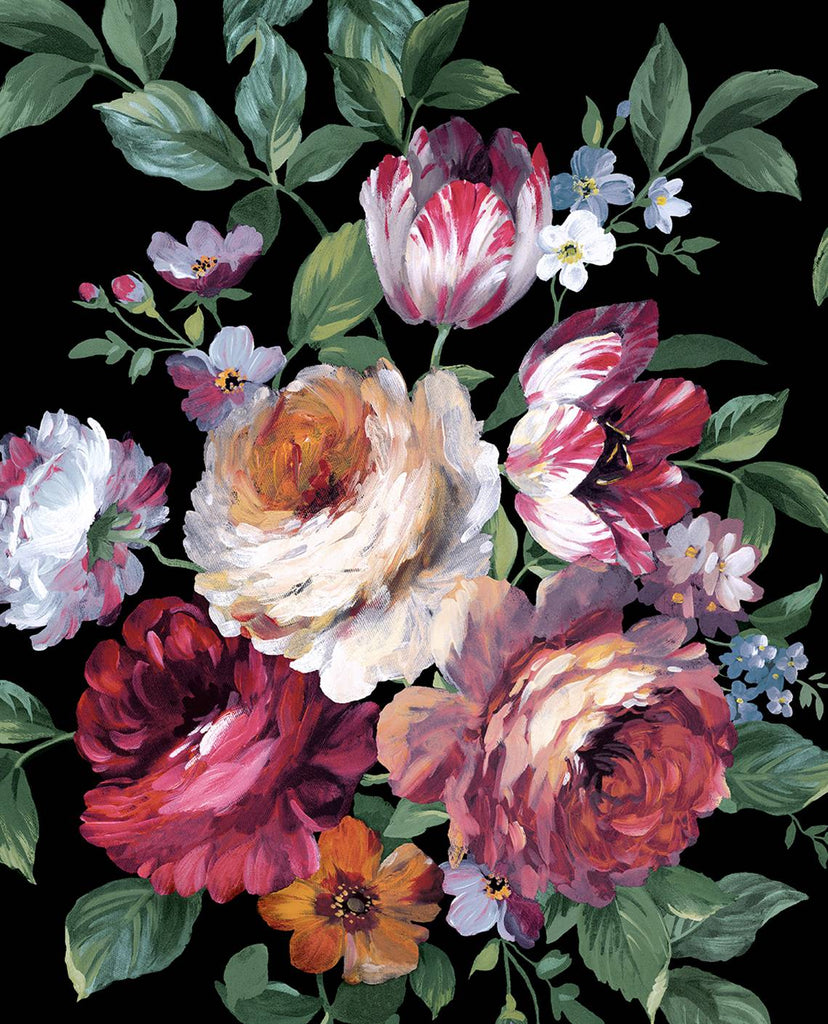 Malibu PS Large Bouquet Traditional Floral - Ebony & Jewel Box | Peel and Stick Removable Wallpaper