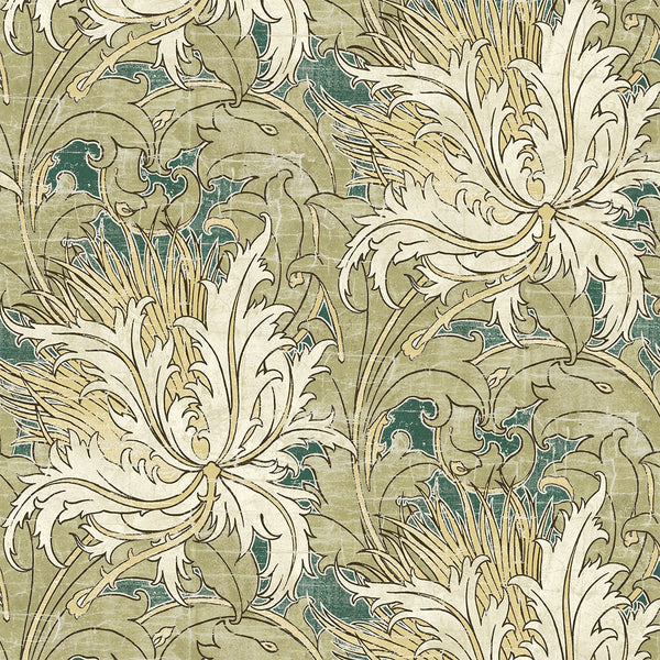 Malibu Ps Floral Folly Vintage Floral - Juniper & Parchment | Peel and Stick Removable Wallcovering