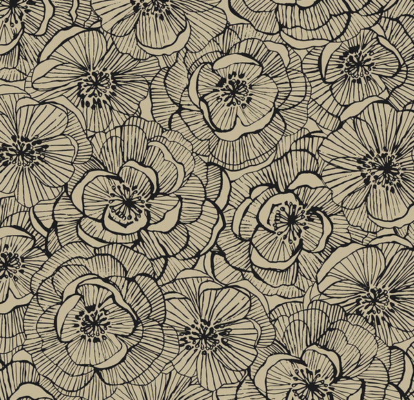 Malibu Ps Ellie Graphic Floral Contemporay Floral - Gold Shimmer & Ebony | Peel and Stick Removable Wallcovering