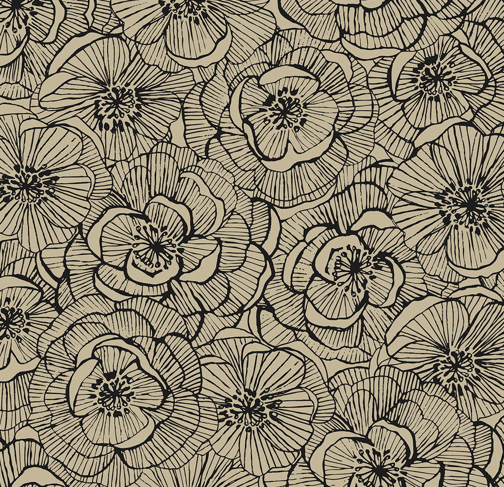 Malibu PS Ellie Graphic Floral Contemporay Floral - Gold Shimmer & Ebony | Peel and Stick Removable Wallpaper
