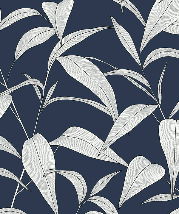 Malibu Ps Pinstripe Leaf Trail Tropical Botanical - Dark Blue | Peel and Stick Removable Wallcovering