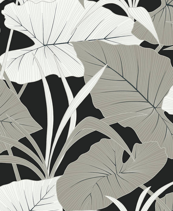 Malibu Ps Elephant Leaves Tropical Botanical - Ebony & Metallic Silver | Peel and Stick Removable Wallcovering