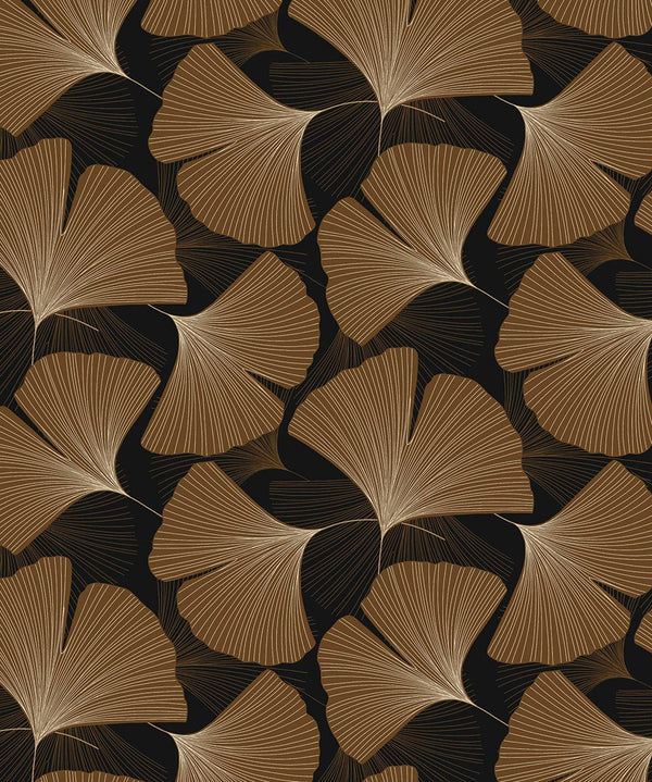 Malibu Ps Tossed Ginkgo Leaf Contemporary Botanical - Ebony & Metallic Copper | Peel and Stick Removable Wallcovering