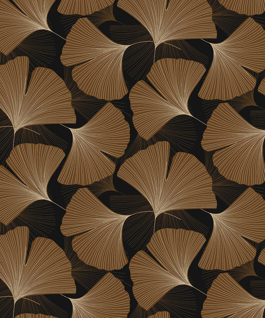Malibu PS Tossed Ginkgo Leaf Contemporary Botanical - Ebony & Metallic Copper | Peel and Stick Removable Wallpaper