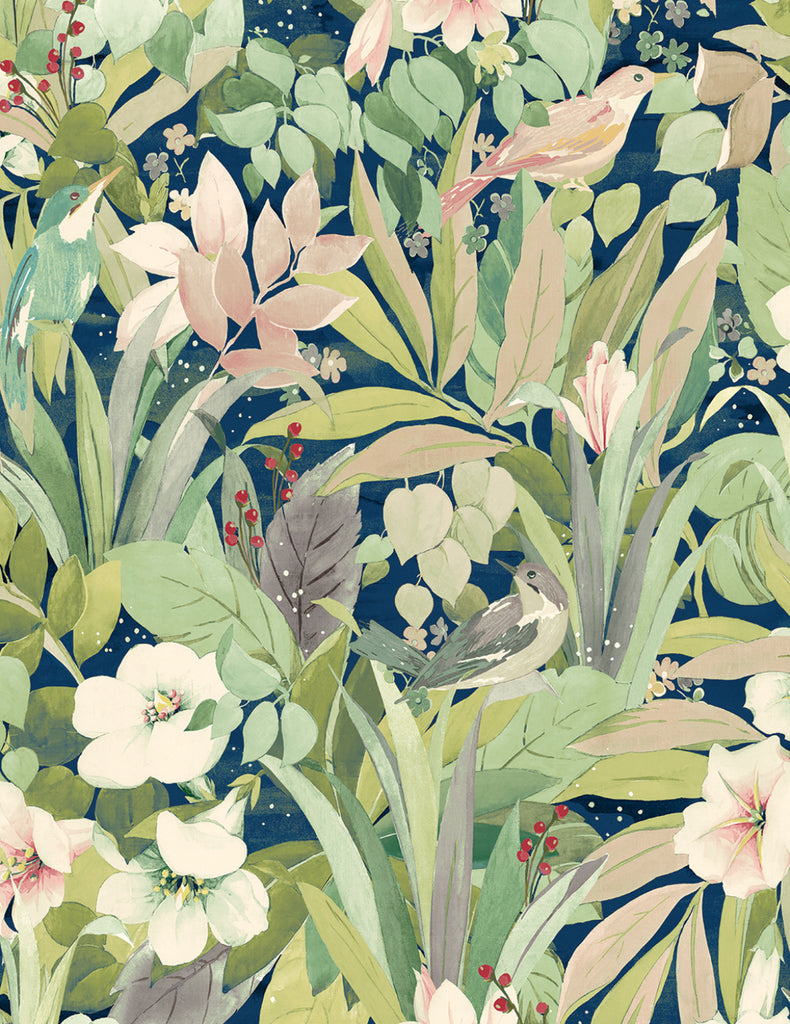 Malibu PS Blossoming Birds Transitional Botanical - Fern & Denim Blue | Peel and Stick Removable Wallpaper