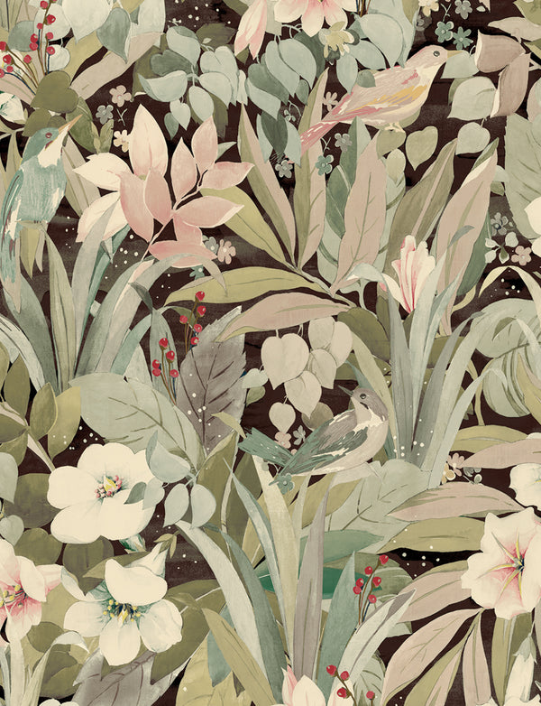 Malibu Ps Blossoming Birds Transitional Botanical - Sage & Ash Brown | Peel and Stick Removable Wallcovering