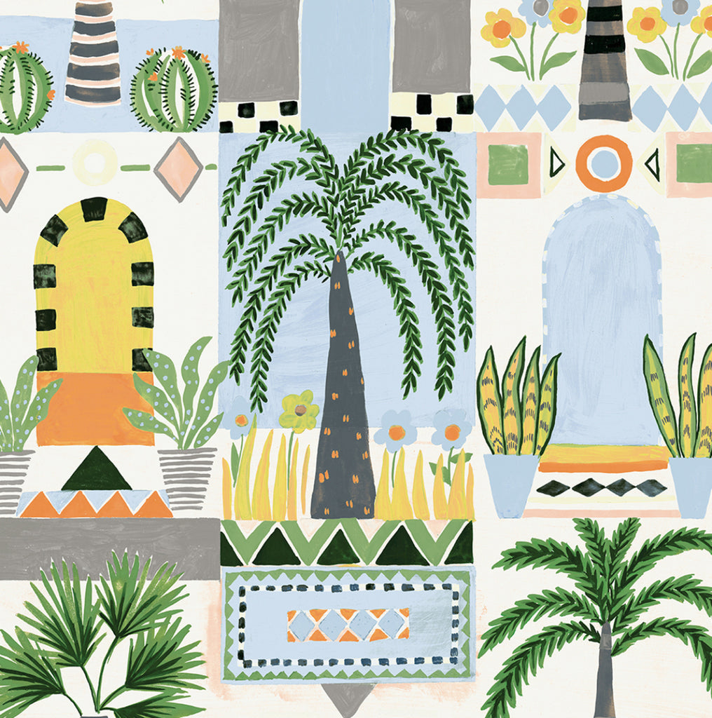 Malibu PS Tropical Facade Contemporary Novelty - Sky Blue & Off-White | Peel and Stick Removable Wallpaper