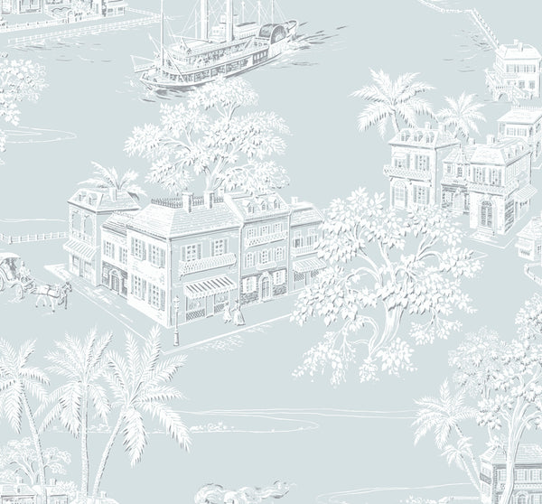 Malibu Ps Coastline Toile Coastal Toile - Blue Mist | Peel and Stick Removable Wallcovering