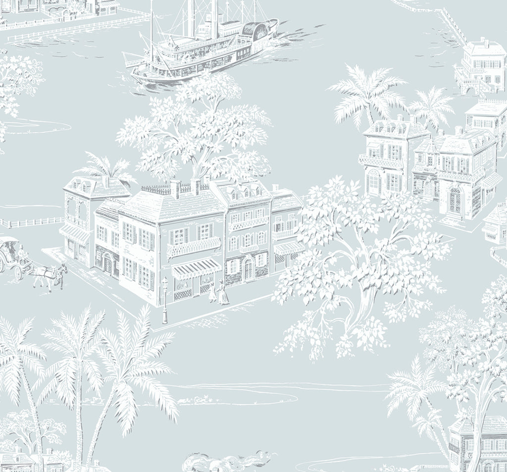 Malibu PS Coastline Toile Coastal Toile - Blue Mist | Peel and Stick Removable Wallpaper