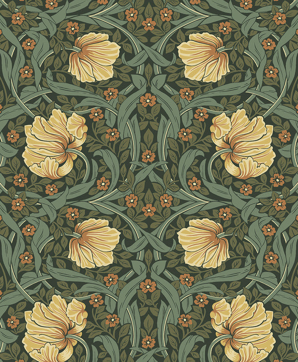 Malibu Ps Pimpernel Garden Vintage Floral - Meadow Green & Amber | Peel and Stick Removable Wallcovering
