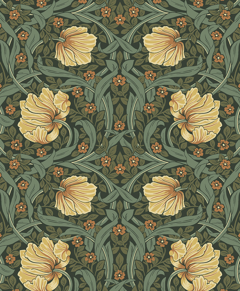 Malibu PS Pimpernel Garden Vintage Floral - Meadow Green & Amber | Peel and Stick Removable Wallpaper