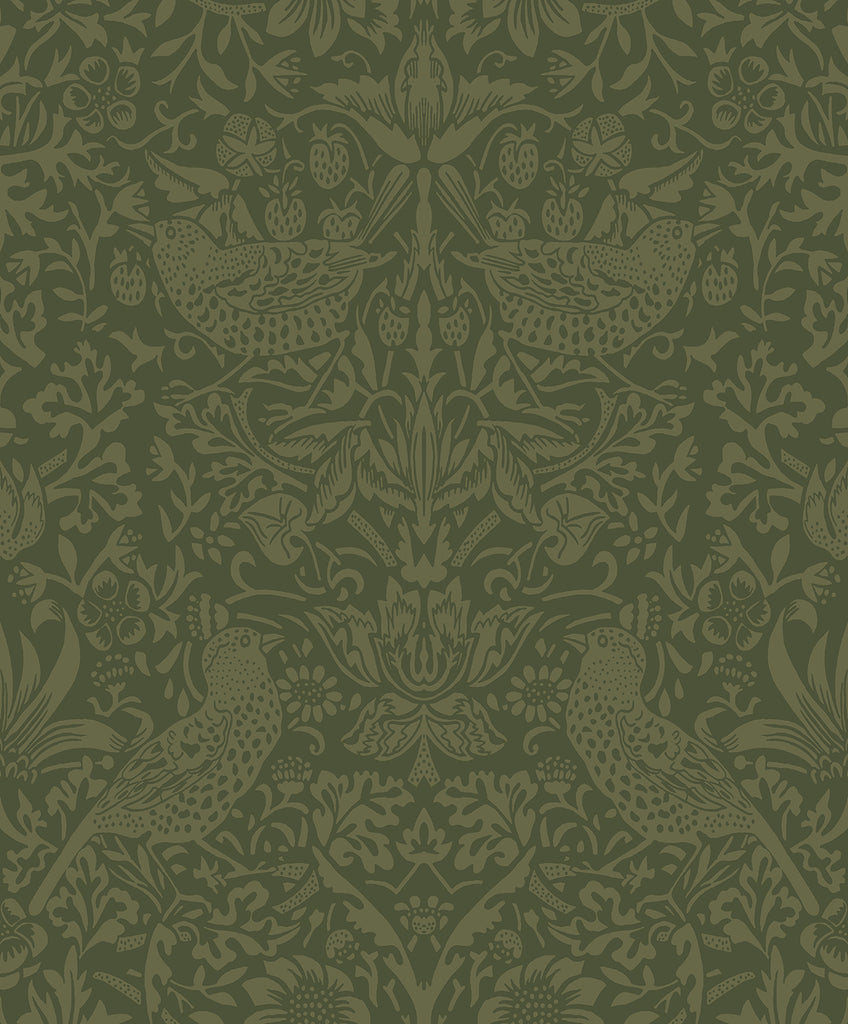 Malibu PS Tonal Bird Garden Vintage Botanical - Moss Green | Peel and Stick Removable Wallpaper