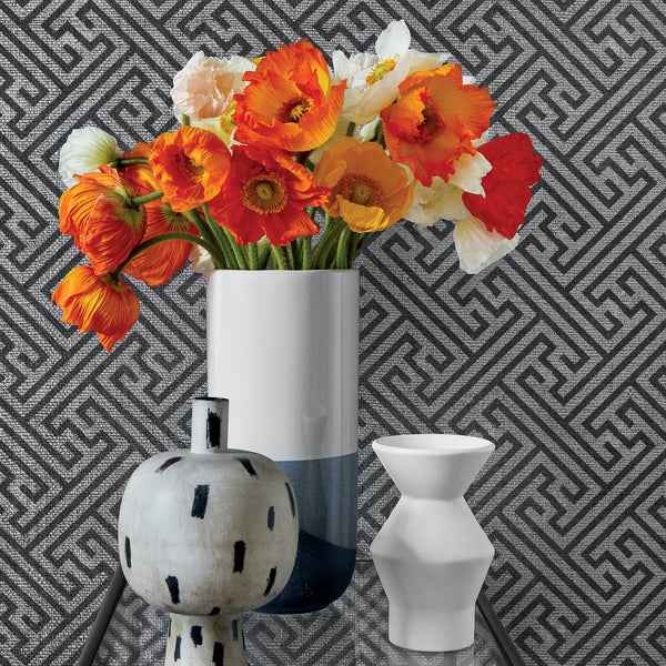 Charlotte Raffia Black and Metallic Silver Wallcovering
