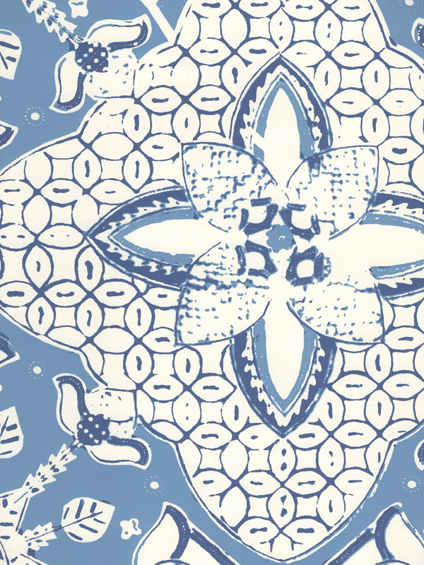 New Batik Pacific Blue New Navy on Almost White Screen Printed | China Seas