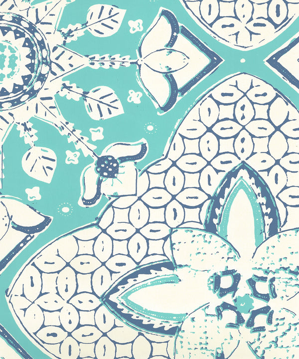 New Batik Turquoise New Navy on Off White Screen Printed | China Seas