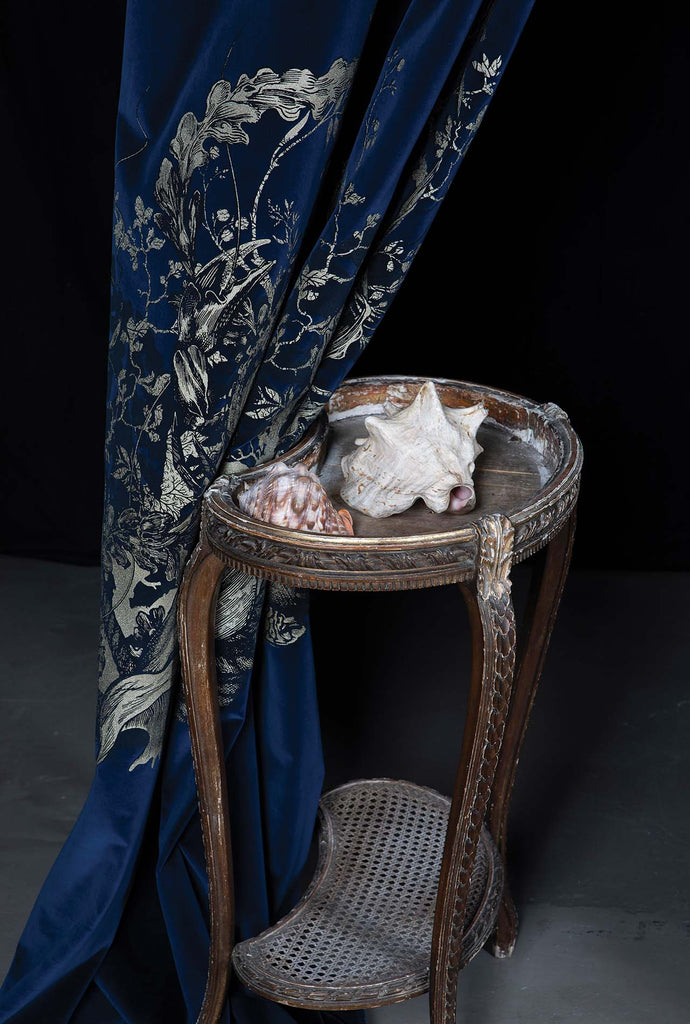 Shell & Crab Velvet Panel Black & Pale Gold on Navy